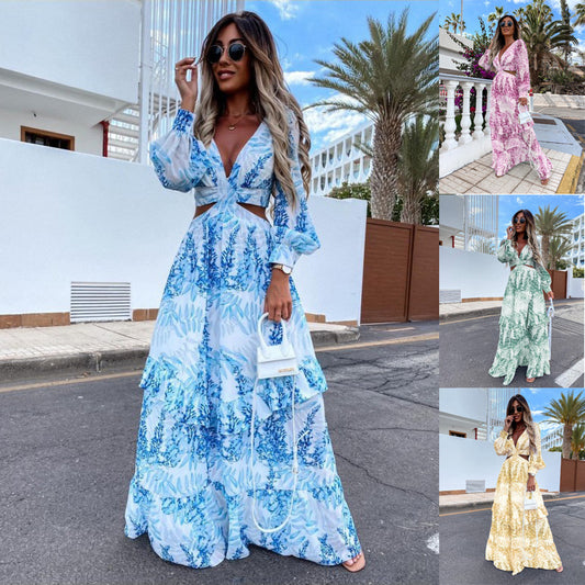 Vestido elegante de mujer con escote en V, manga larga y escote en V, vestido de primavera y verano con estampado de plantas y manga larga