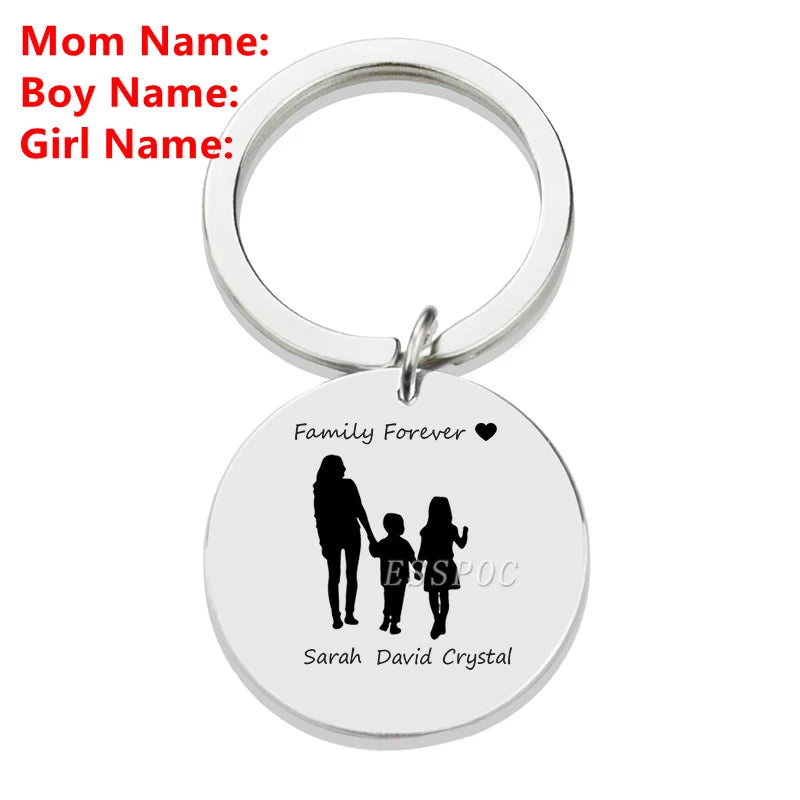 Personalized Family Name Keychain Custom Mom Dad Daughter Son Sketch Engraved Stainless Steel Key Chain Mother Father Day Gift