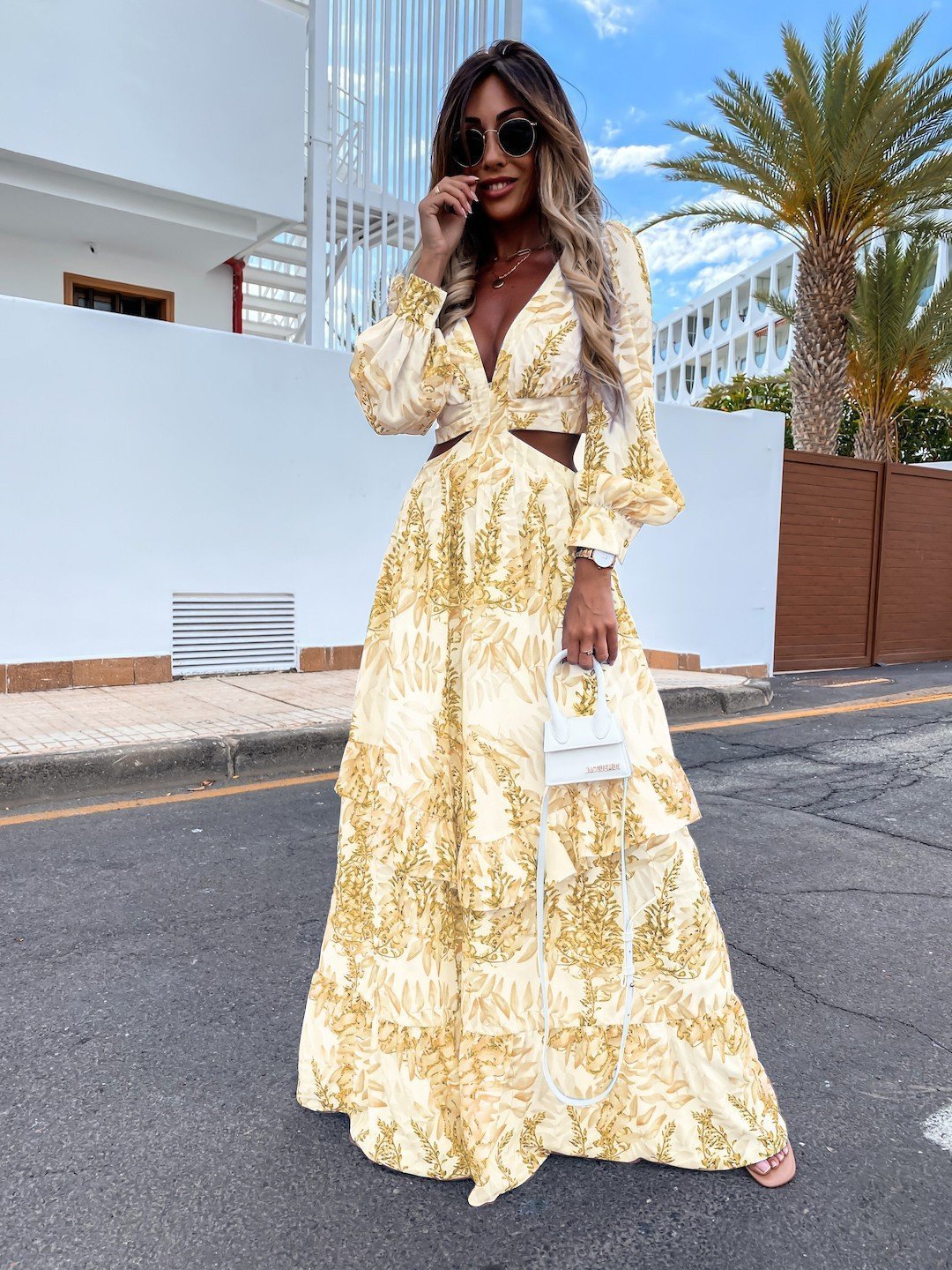 Vestido elegante de mujer con escote en V, manga larga y escote en V, vestido de primavera y verano con estampado de plantas y manga larga